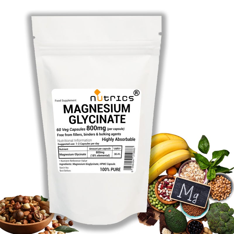 NutricsÂ® 800mg (per Capsule) Magnesium GLYCINATE 60 V Capsules - Strong One A Day - 100% Pure Highly Absorbable - Free from fillers, Binders & Bulking agens (60)